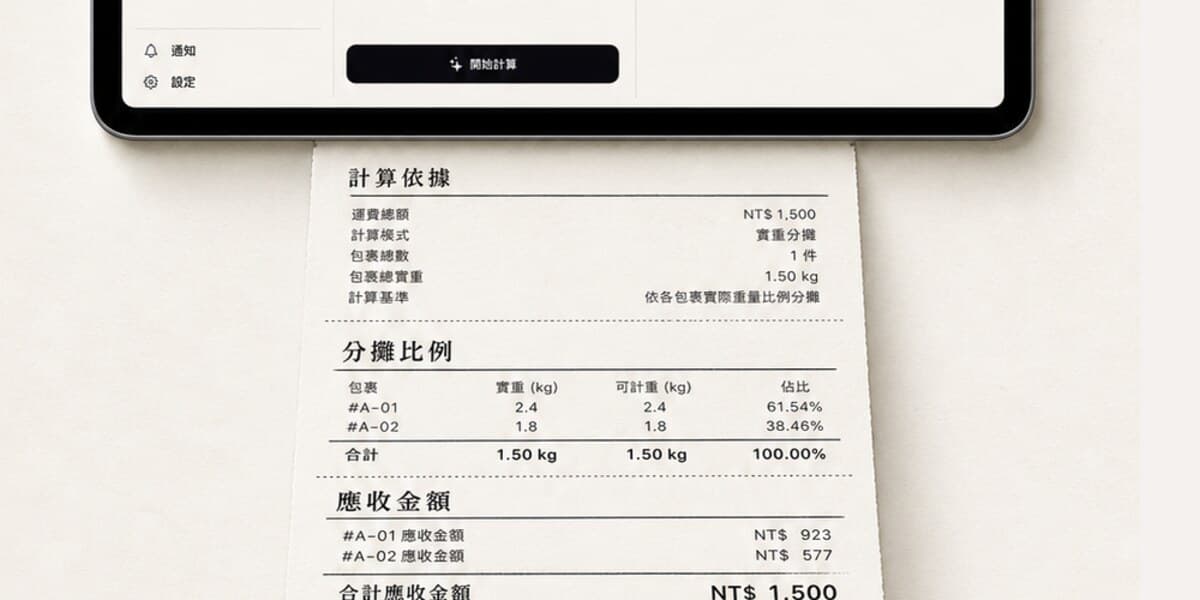 一張列出運費總額、分攤比例與各買家應收金額的計算明細