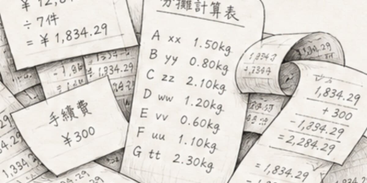手寫的日幣換算紙條,上面記著單價、件數、手續費與分攤計算